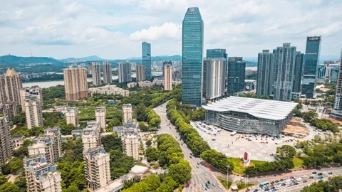 4K Aerial Timelapse, CBD Complex &amp; City Skyline, Huizhou Guangdong Stockbeeldmateriaal 344371952