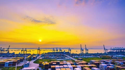 4K Aerial Timelapse of Container Terminal at City Port at Sunrise 動画素材 345014236