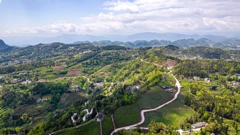 4K Aerial Timelapse: Spring Mountains &amp; Tea Fields, Blue Sky White Clouds Stock Footage 342122214