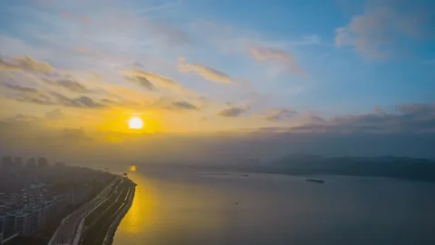 4K Aerial Timelapse of West River Scenery at Dawn in Zhaoqing Видео 345014284