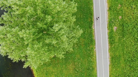 4k Aerial top down view of people walking on footpath along lake in Park summer Stock Footage 122706947