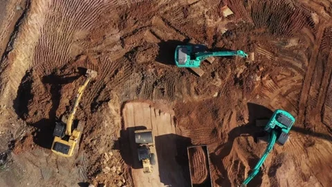 4K Aerial Top View of Construction Site with Excavators and Machinery Stock Footage 330477893