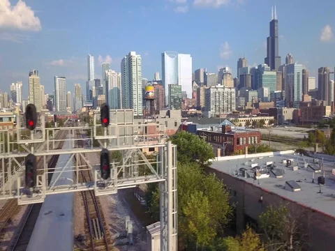 4k Aerial tracking a train in the city. Stock-Footage 80429777