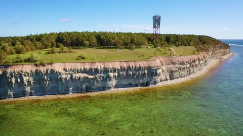 4K aerial video from flying drone to Panga coastal cliff .Saaremaa , Estonia Stock Footage 277927062