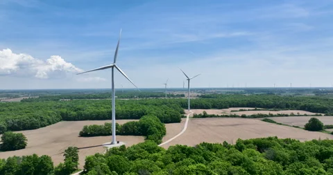 A 4K aerial video hovering, looking at wind turbines on a rural landscape. 库存影片 201825824