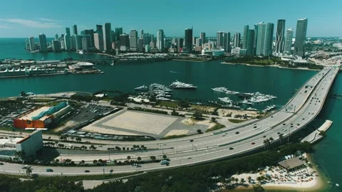4k aerial video Static view Mac Arthur Causeway Port Miami, Miami FL USA Video stock 164257297