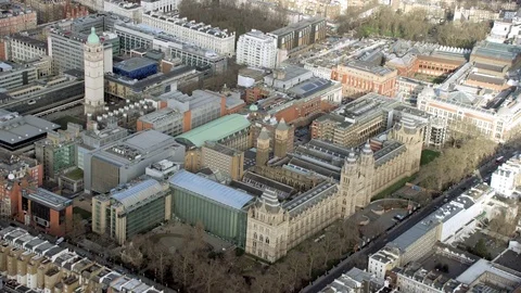 4K Aerial view above London's Natural History Museum & surrounding area Stock Footage