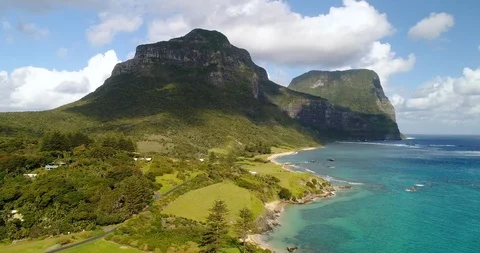 4K Aerial View of beach and mountains on Lord Howe Island, NSW, Australia Stock Footage 93260703