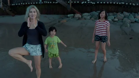 4K Aerial View Beach Happy Kids Family 24 Stock Footage 124243448