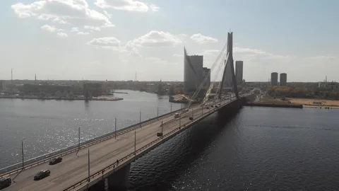 4k aerial view of Bridge in Riga, Latvia. Daugava River Stock Footage 112410213