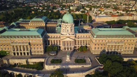 4K aerial view of Buda Castle Royal Palace at sunrise Stock Footage 90906086