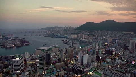 4K Aerial View of Busan Port and Metropolitan City from Top of Busan Tower -Dan Stock Footage