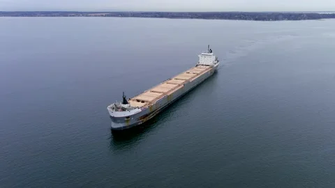 4K aerial view of a cargo ship navigating the St Lawrence Seaway, Canada. Stock-Footage 166109726