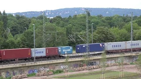 4K Aerial view cargo train transportation international goods railway transport Stock Footage 72193041