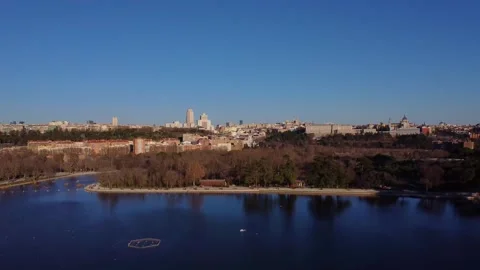 4K Aerial View of Casa de Campo with Madrid Landmarks Stock Footage 296326063
