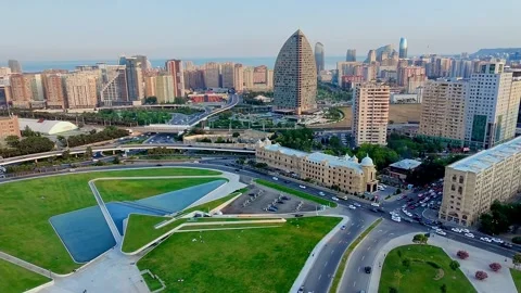 4K Aerial View of Central Point Hotel and The Ritz-Carlton in Baku, Azerbaijan Stock Footage 311868291