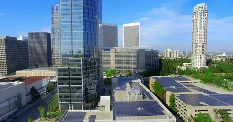 4K, Aerial view of Century City and Solar panels, Los Angeles, California Stock Footage