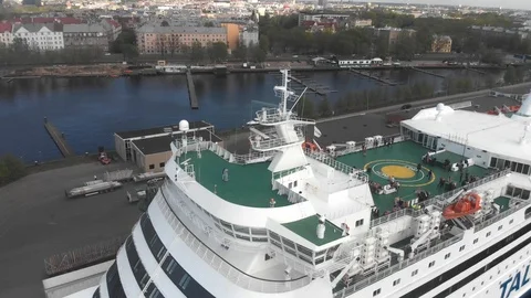 4k aerial view closeup of open deck cruise ship, Riga Video stock 113336767