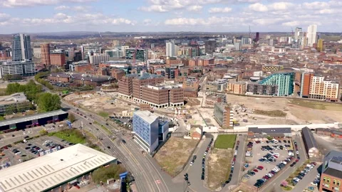 4K aerial view of construction site building apartments in Leeds Stock Footage 239369087