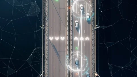 4k aerial view of driverless or autonomous car. Traffic passing by a highway Stock Footage