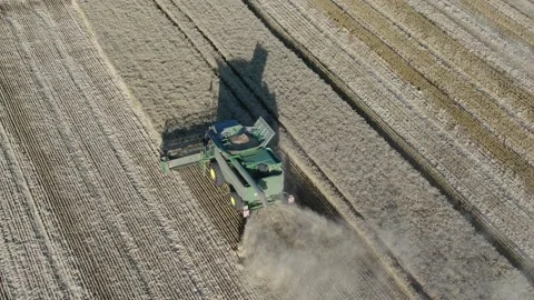 4k Aerial view from the drone to a combine agriculture machine harvesting golden Stock Footage 158252408