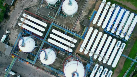 4K : Aerial view from drone flying over a storage tank industry (LNG or LPG) Stock Footage 210776534