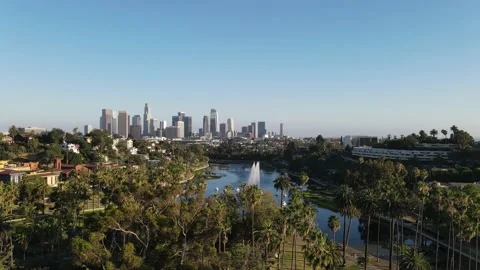4K Aerial View Echo Park Pond with Los Angeles in Background Clip 2 Stock Footage 135209889