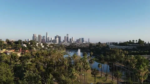 4K Aerial View Echo Park Pond with Los Angeles in Background Clip 1 Stock Footage 135210004