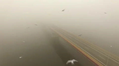 4K aerial view – flight over misty morning bridge showing cars moving both lines Stock Footage 57098911