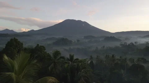 4K Aerial view fly over mountain valley with palm trees and volcano Agung, Bali Stockbeeldmateriaal 277244204