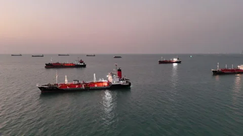 4K Aerial view of gas ship around international terminal ship port Stock Footage 330402575
