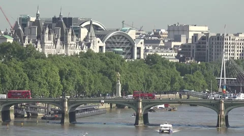 4K Aerial view heavy traffic car red bus Westminster Bridge London Thames River Stock Footage