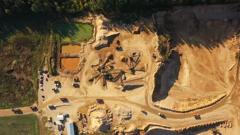4K. Aerial view of a large Sand Quarry in working process with heavy machinery. Video stock 120701965
