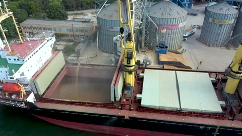 4K Aerial view of loading of dry cargo ship of wheat by cranes in port Stock Footage 199822971