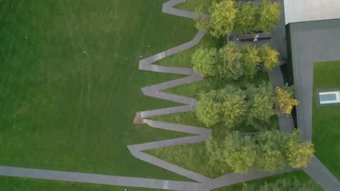 4K Aerial View Looking Down At Zigzag Path At Walker Art Center Minneapolis Stock Footage 225647959