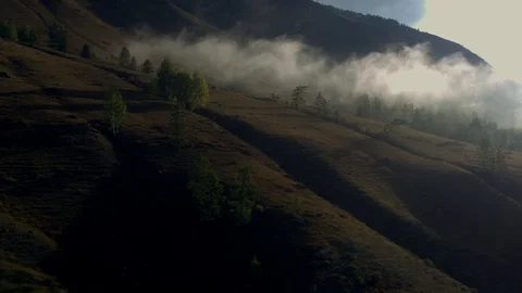 4K aerial view. Low flight over a mountain river and green trees Sun glare Stock Footage 123111114
