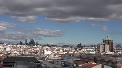 4K Aerial view Madrid cityscape by day financial tower building residential roof Stock Footage