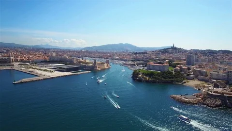 4K Aerial view of Marseille pier - Vieux Port in south of France Stock Footage