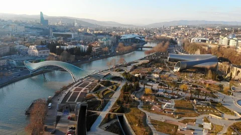 4k aerial view modern infrastructure soft morning light skyline bridge over the Stock Footage 111473146