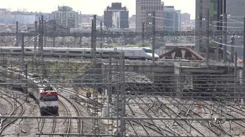 4K Aerial view modern speed train regional wagon enter main station Madrid day   Stock Footage 63557063