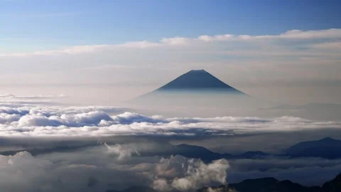 4K Aerial View Mount Fuji Peak Above Stratocumulus Clouds At Dawn Stock-Footage 334448340