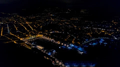 4K Aerial view of Night Nice France promenade, Mediterranean Sea and airport Video stock 108601107
