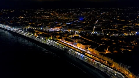 4K Aerial view of Night Nice France promenade, Mediterranean Sea and airport Stock Footage 108601109