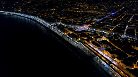 4K Aerial view of Night Nice France promenade, Mediterranean Sea and airport Stock Footage 108601138