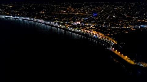 4K Aerial view of Night Nice France promenade, Mediterranean Sea and airport Stock Footage 108601201