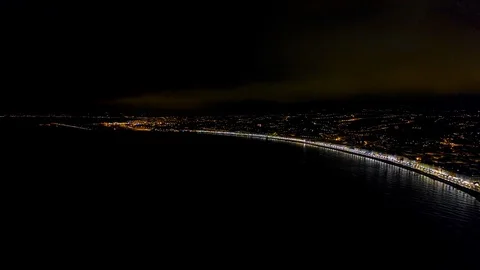 4K Aerial view of Night Nice France promenade, Mediterranean Sea and airport Stock Footage 108601268