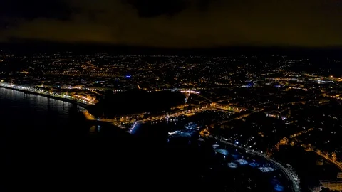 4K Aerial view of Night Nice France promenade, Mediterranean Sea and airport Stock Footage 108601526