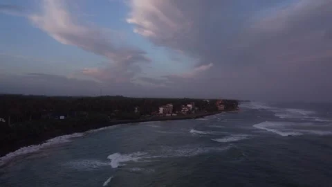 4K Aerial View of the Ocean and Palm Beach After Sunset in Ahangama, Sri Lanka Stock Footage 341453232