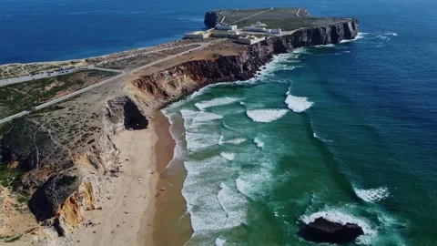 4K aerial view ocean waves rocky, Sagres Fortress Sagres Point  Algarve Portugal Stock Footage 240659500