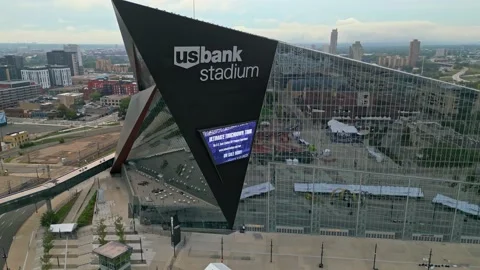 4K Aerial View Orbit of US Bank Stadium Sign On A Cloudy Minneapolis Morning Stock Footage 220468968